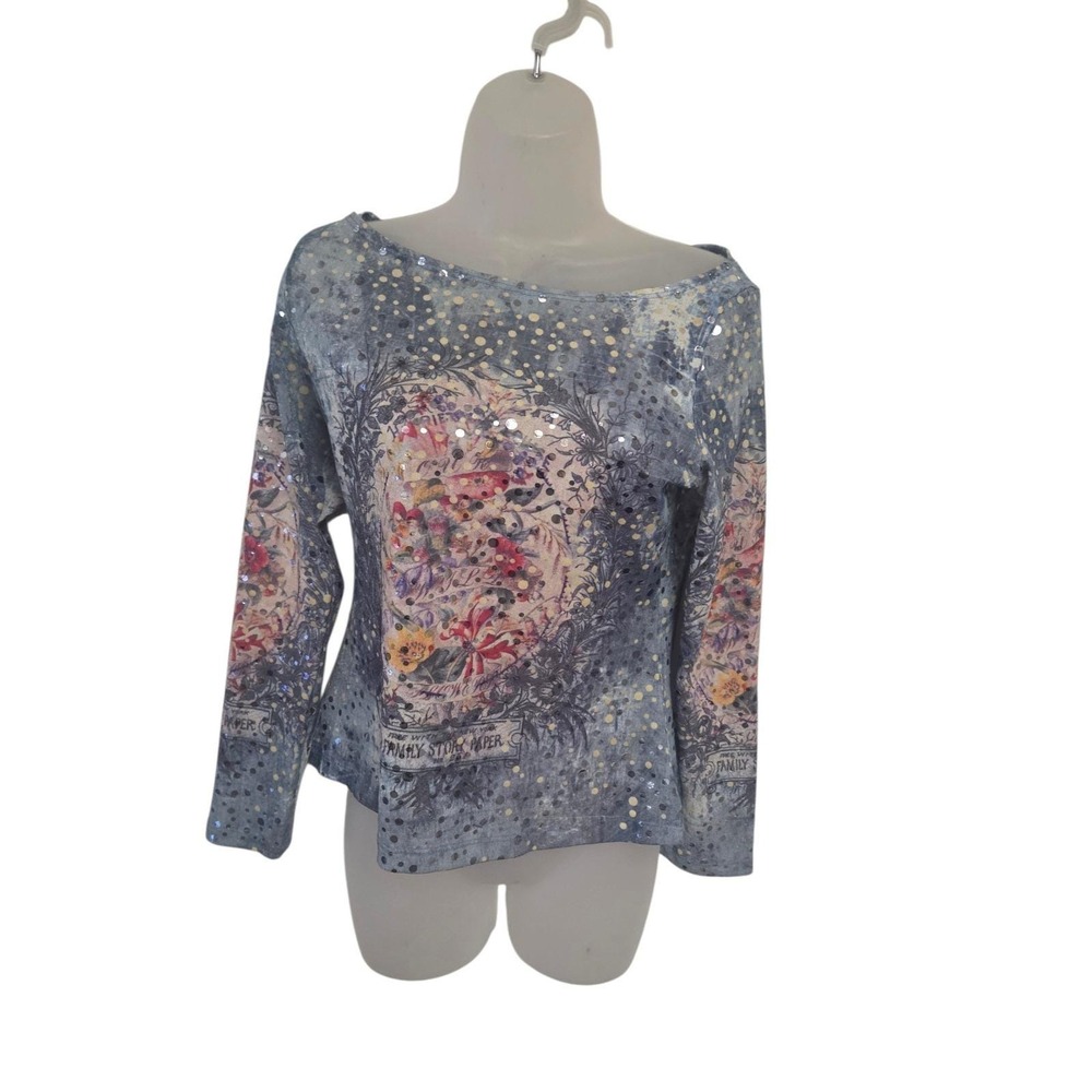 Mesmerize Womens Blue Floral Sequin Long Sleeve Boat Neck Top Size Medium Y2K